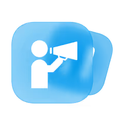 White icon of a person speaking through a megaphone on a blue rounded square background.