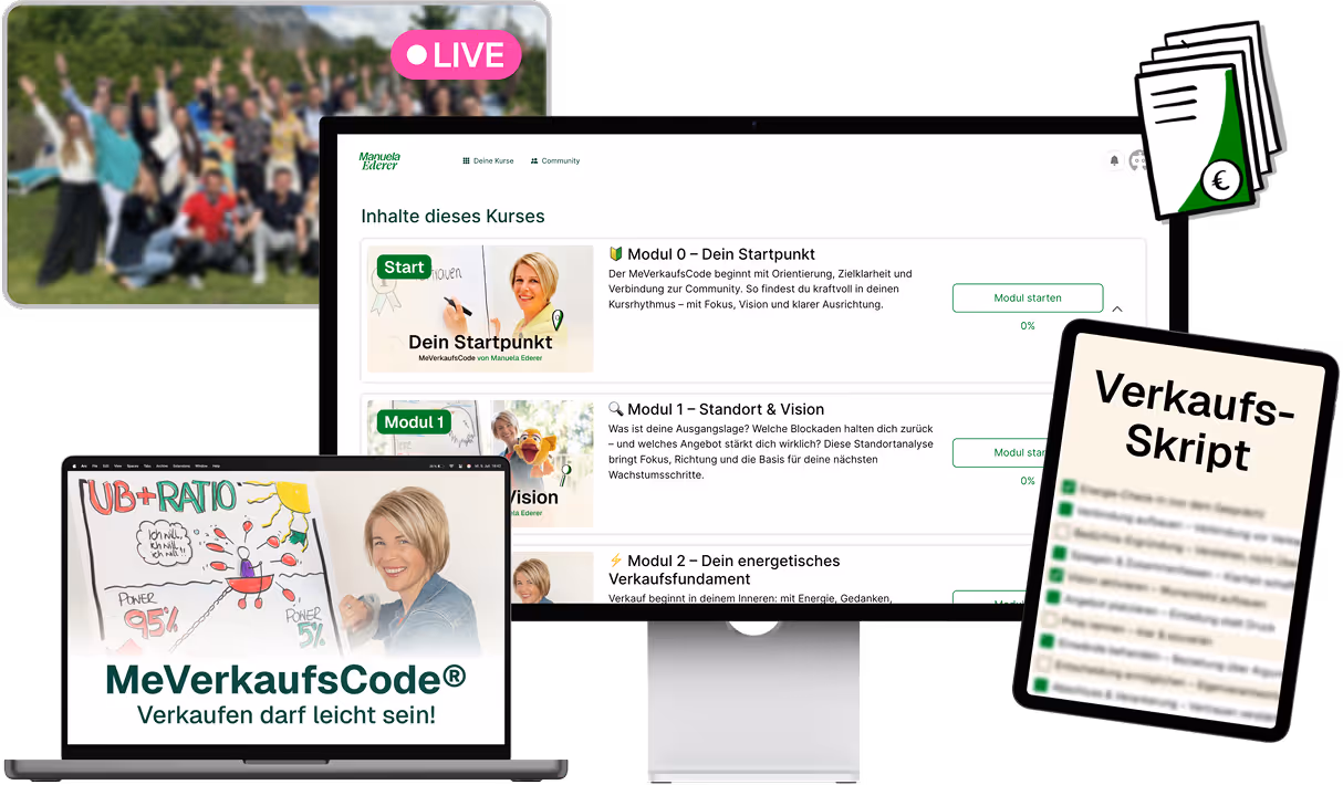 Vorschau des Kurses „MeVerkaufsCode®“ – mit Live-Calls, Kursmodulen und dem Verkaufs-Skript für spürbare Umsetzung.