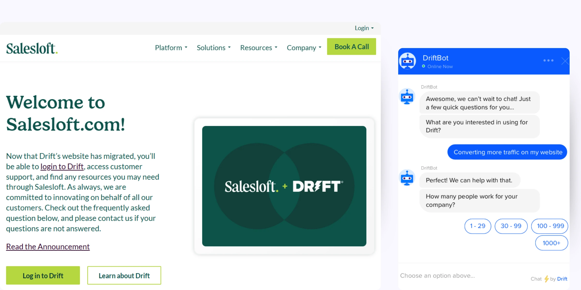 home page of Drift (Salesloft)