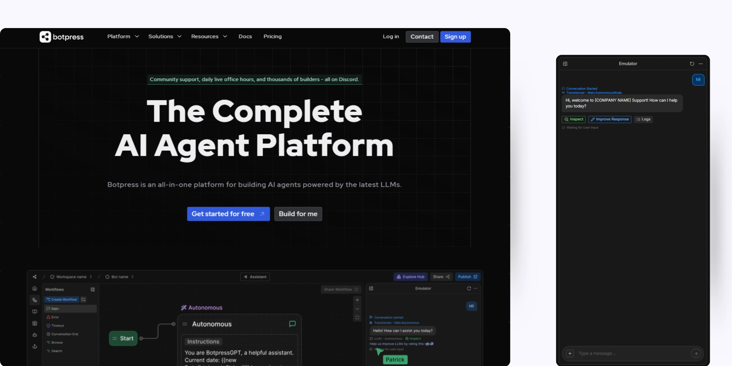 home page of Botpress