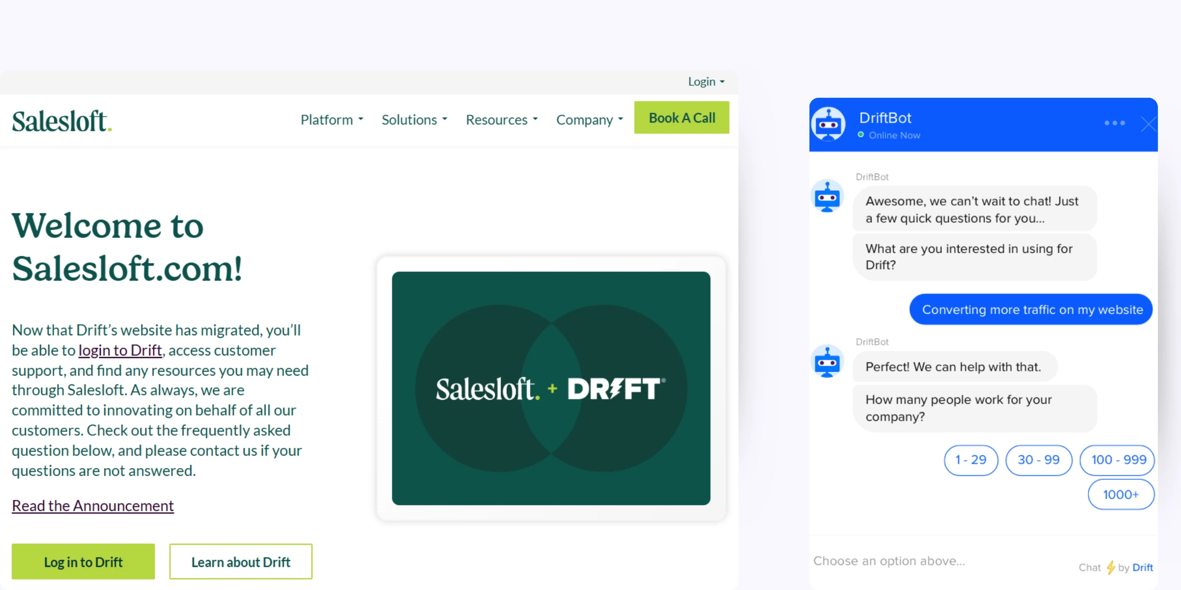 home page of Drift (Salesloft)