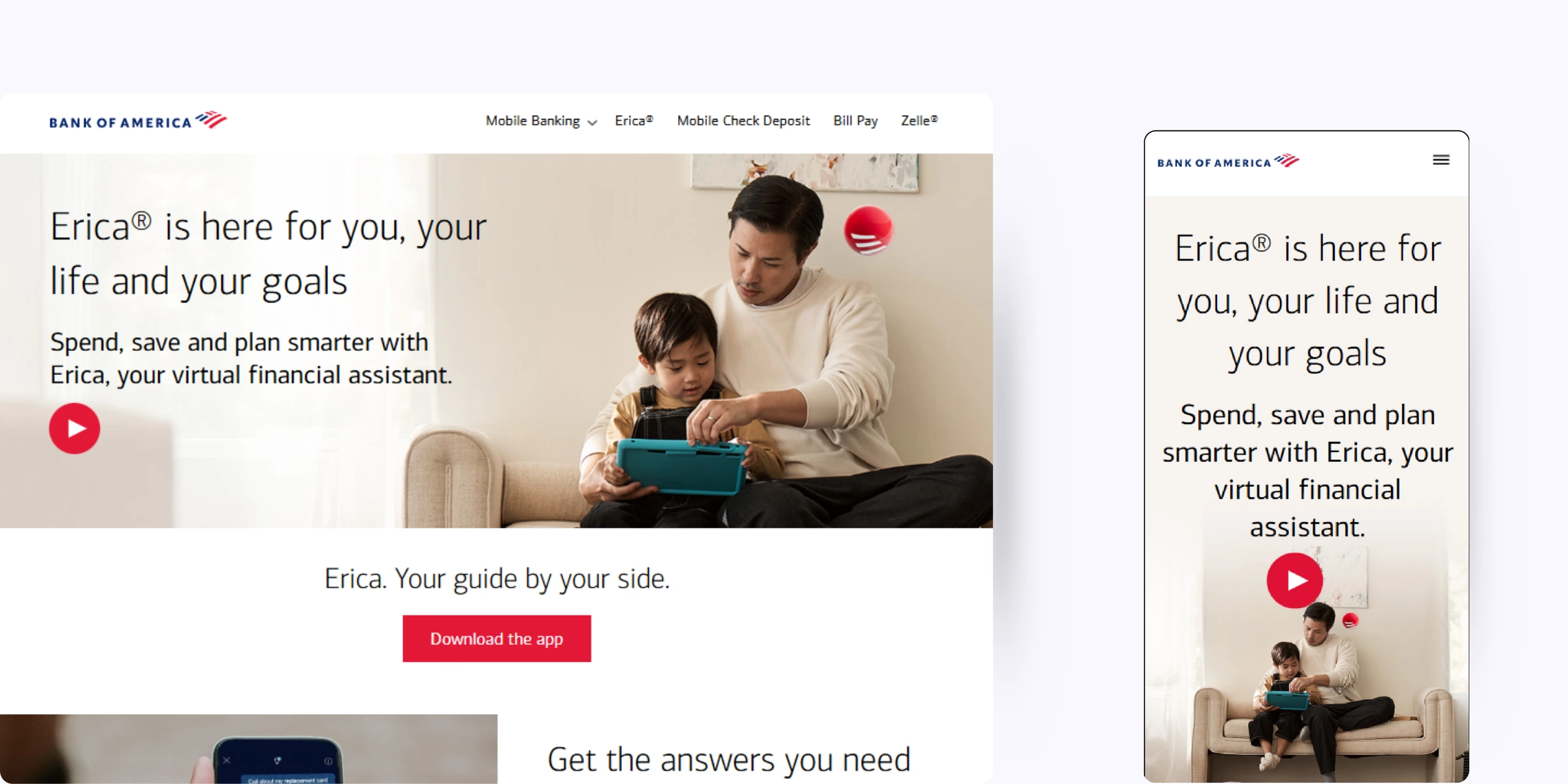 home page of Bank of America - Erica