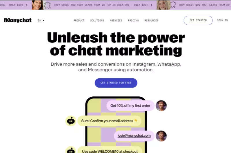 home page of ManyChat