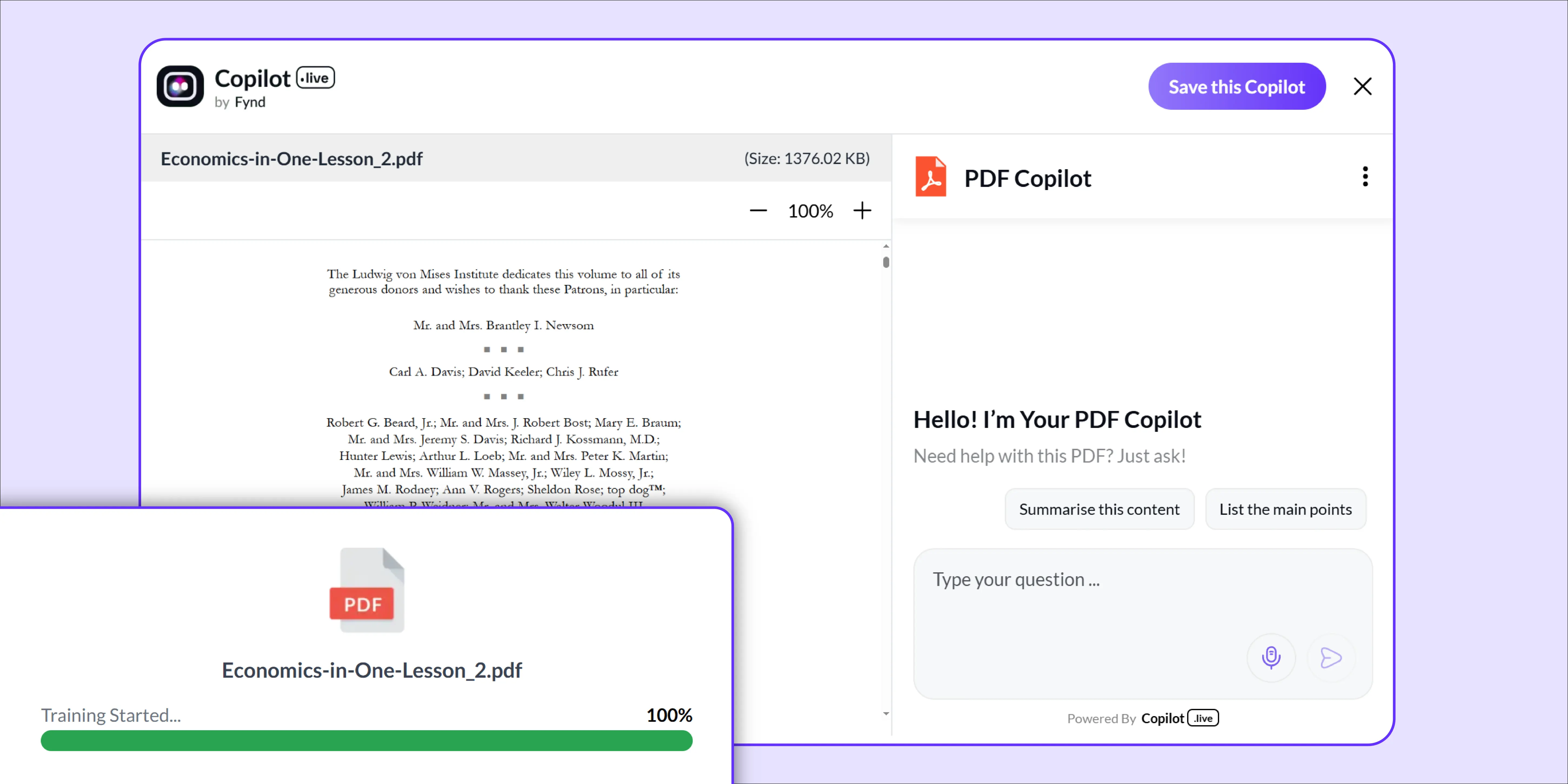 Once Copilot.live is ready with the document, it asks you to chat with the PDF freely.