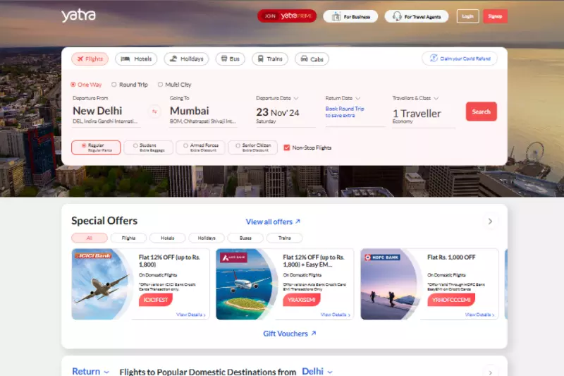 home page of Yatra.com