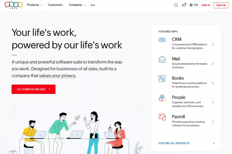 home page of Zoho