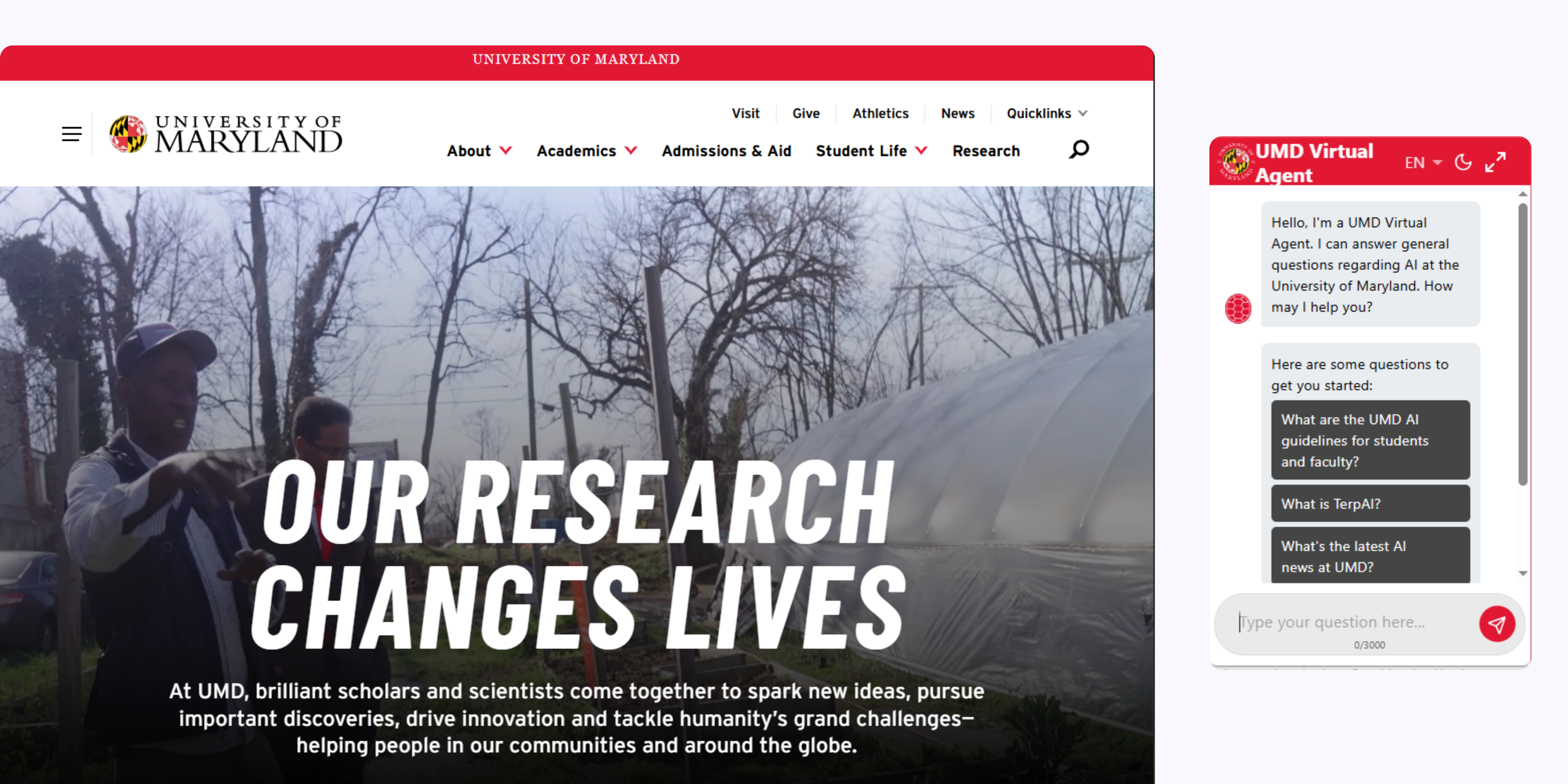 home page of University of Maryland
