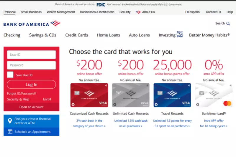 home page of Bank of America
