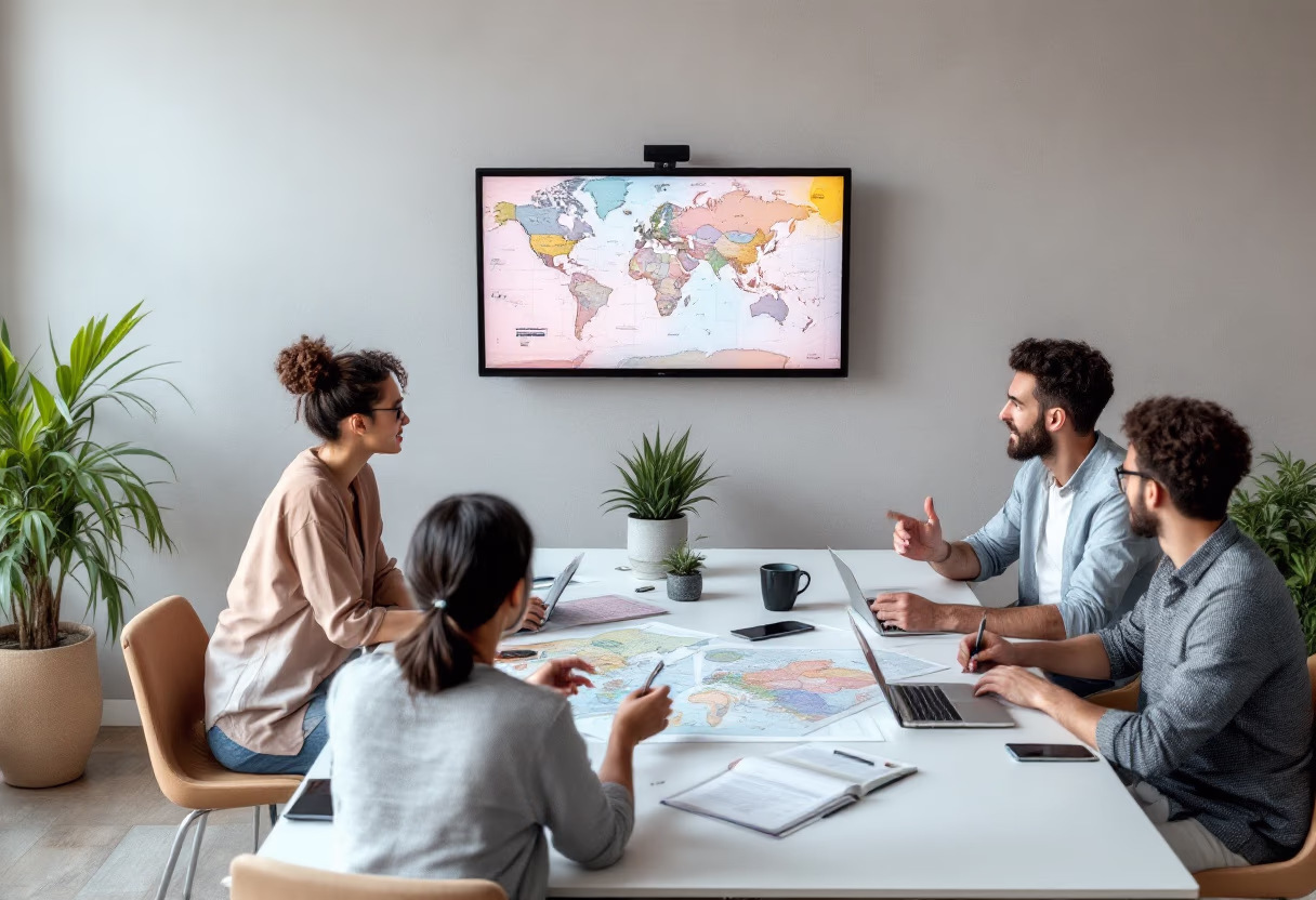 image of team brainstorming session (for a travel tech)
