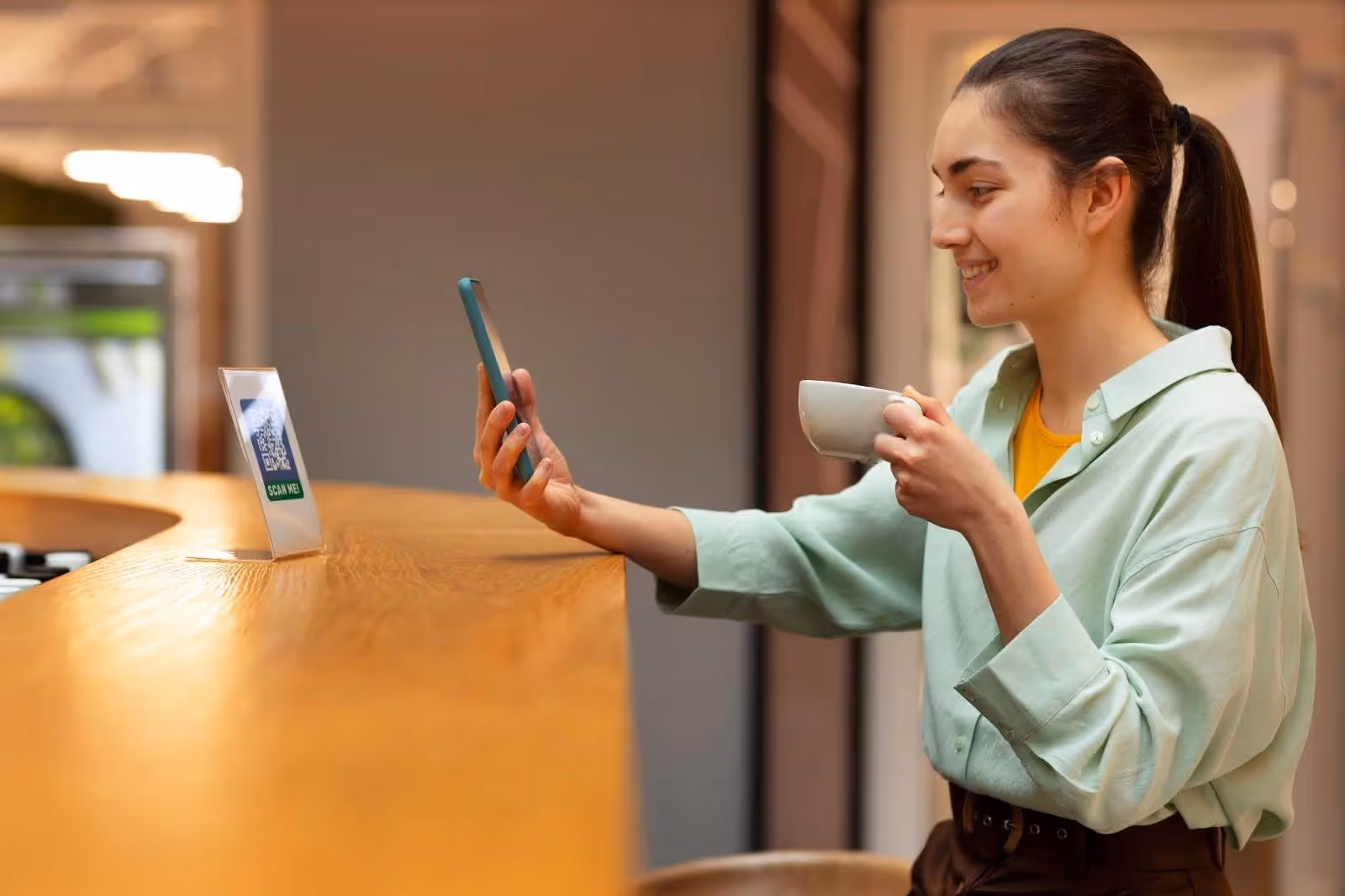 Woman scans QR code at counter while holding coffee cup
