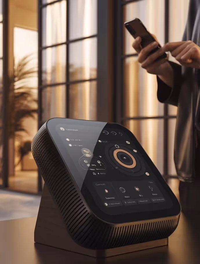 Person using a smart multilingual device with a phone