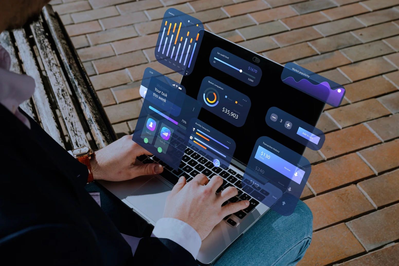 Hotel staff uses a predictive analytics dashboard on a laptop