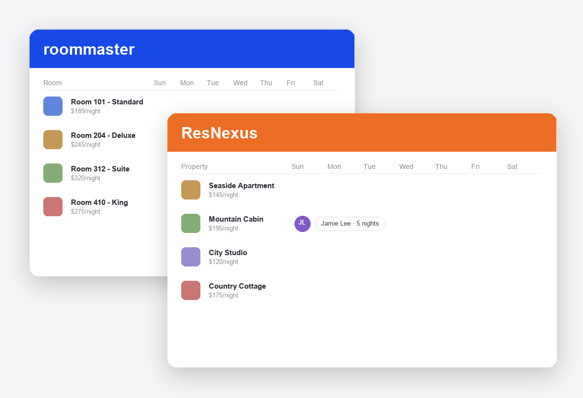 roommaster vs ResNexus dashboard screenshots