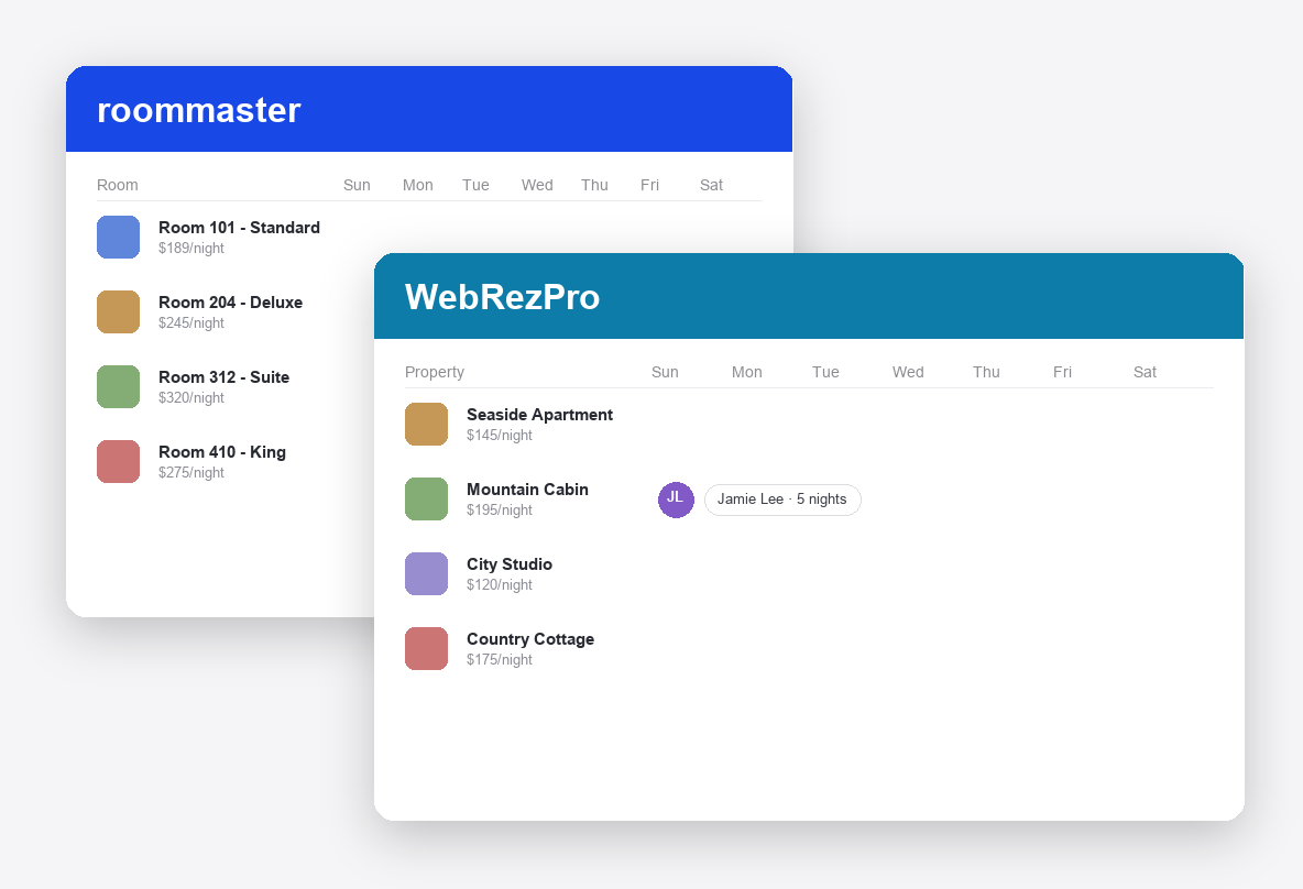roommaster vs WebRezPro dashboard screenshots