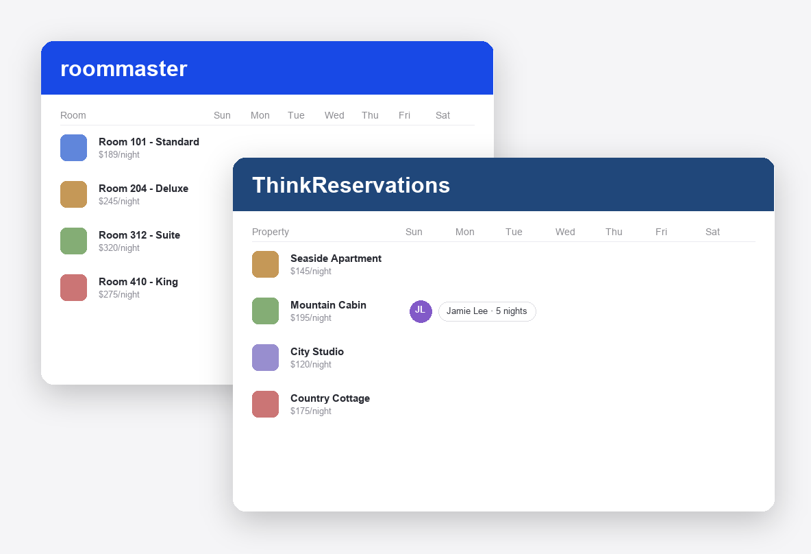 roommaster vs ThinkReservations dashboard screenshots