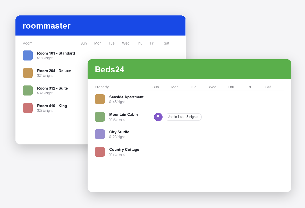 roommaster vs Beds24 dashboard screenshots