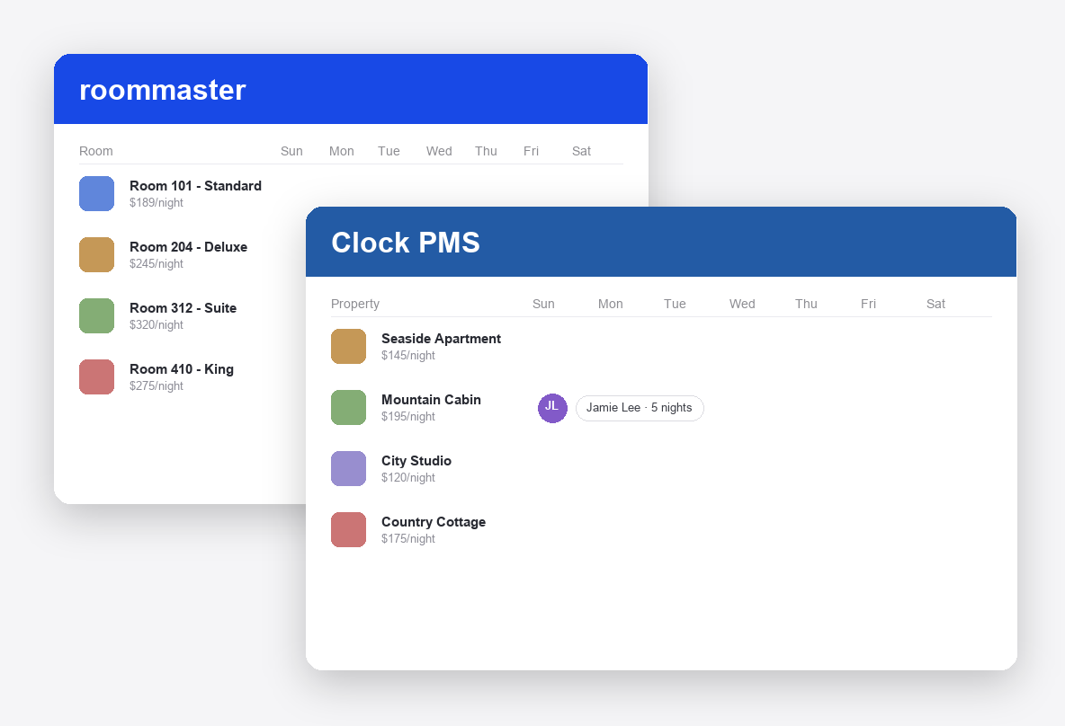 roommaster vs Clock PMS dashboard screenshots