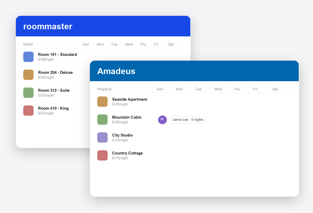 roommaster vs Amadeus dashboard screenshots