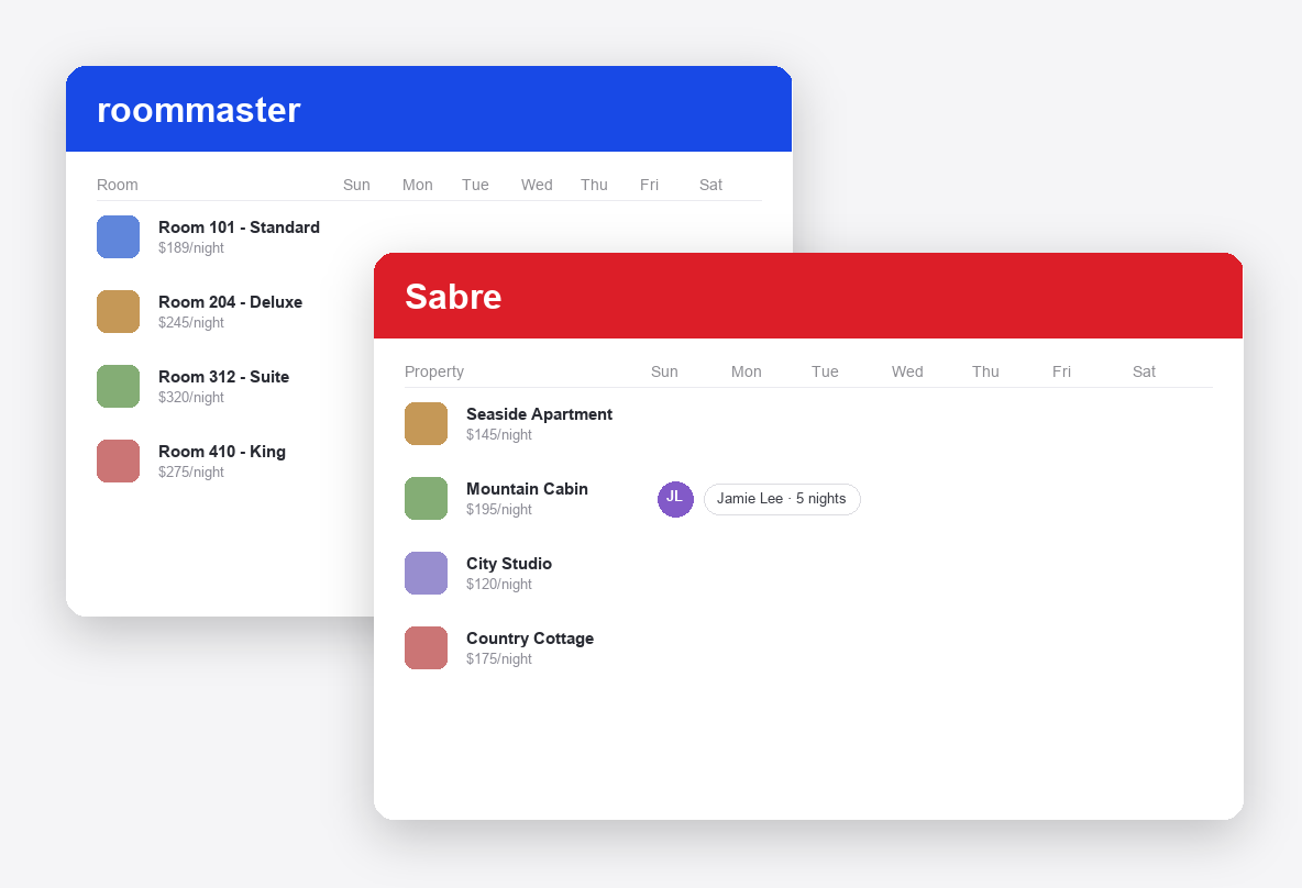 roommaster vs Sabre dashboard screenshots
