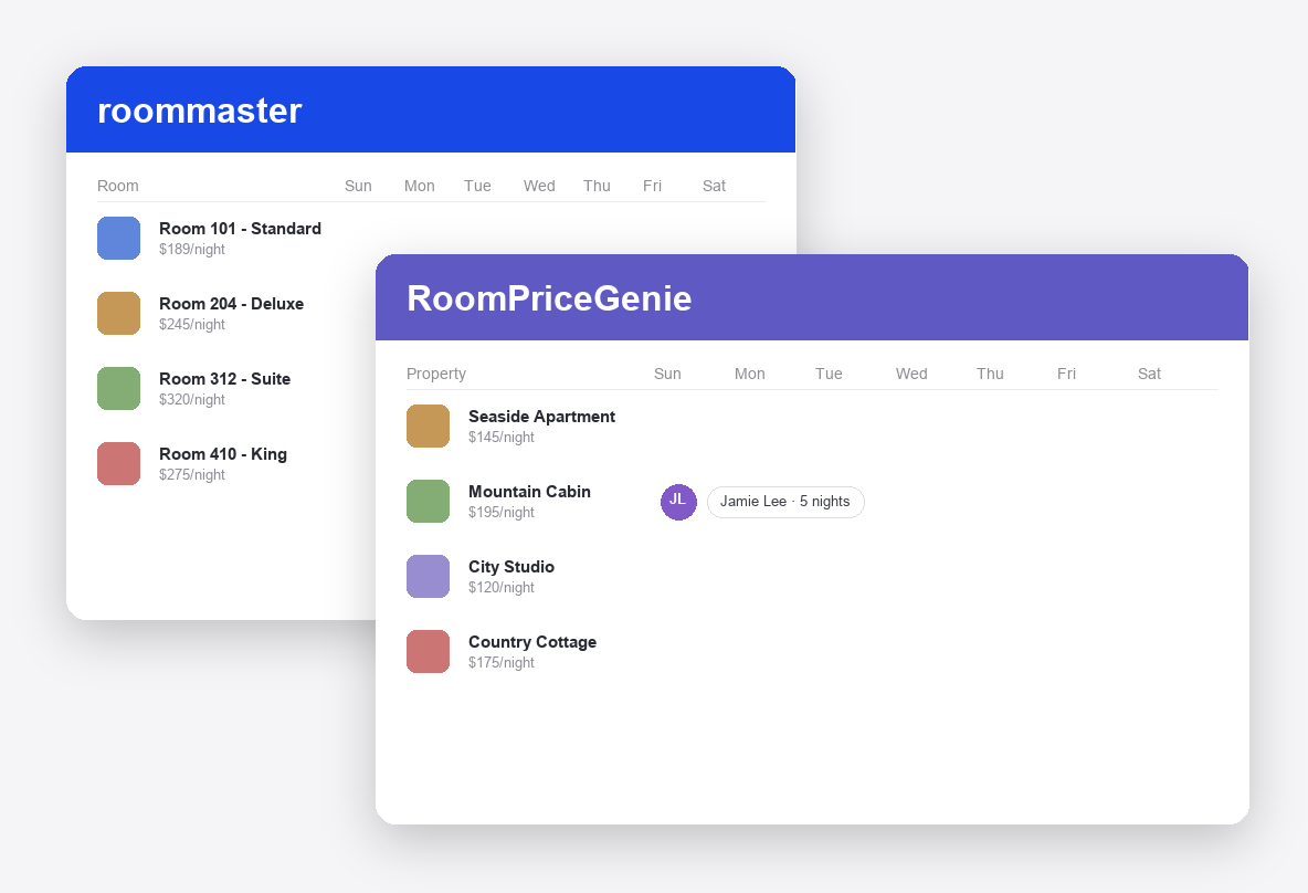 roommaster vs RoomPriceGenie dashboard screenshots