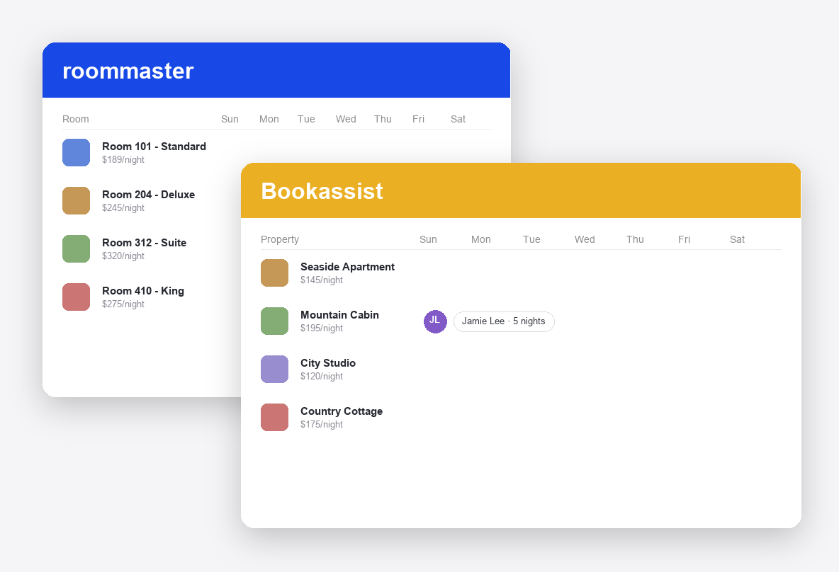 roommaster vs Bookassist dashboard screenshots