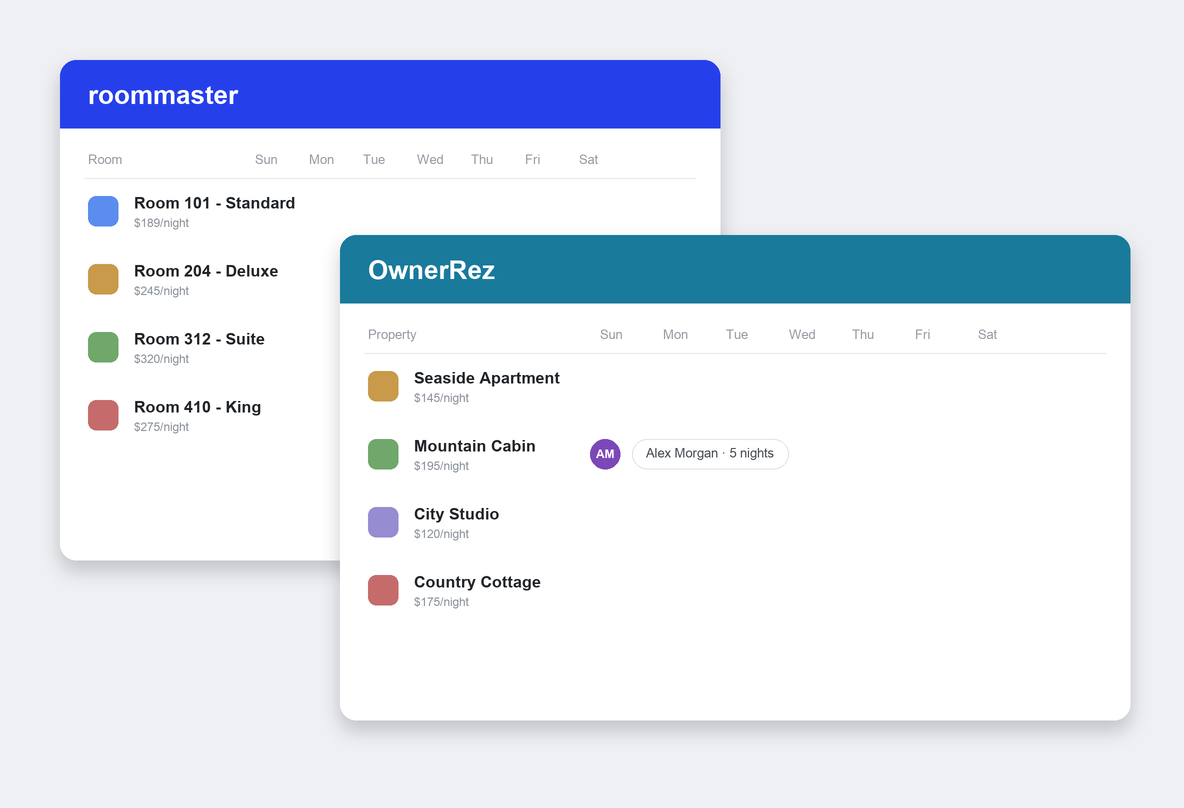 roommaster vs OwnerRez dashboard screenshots