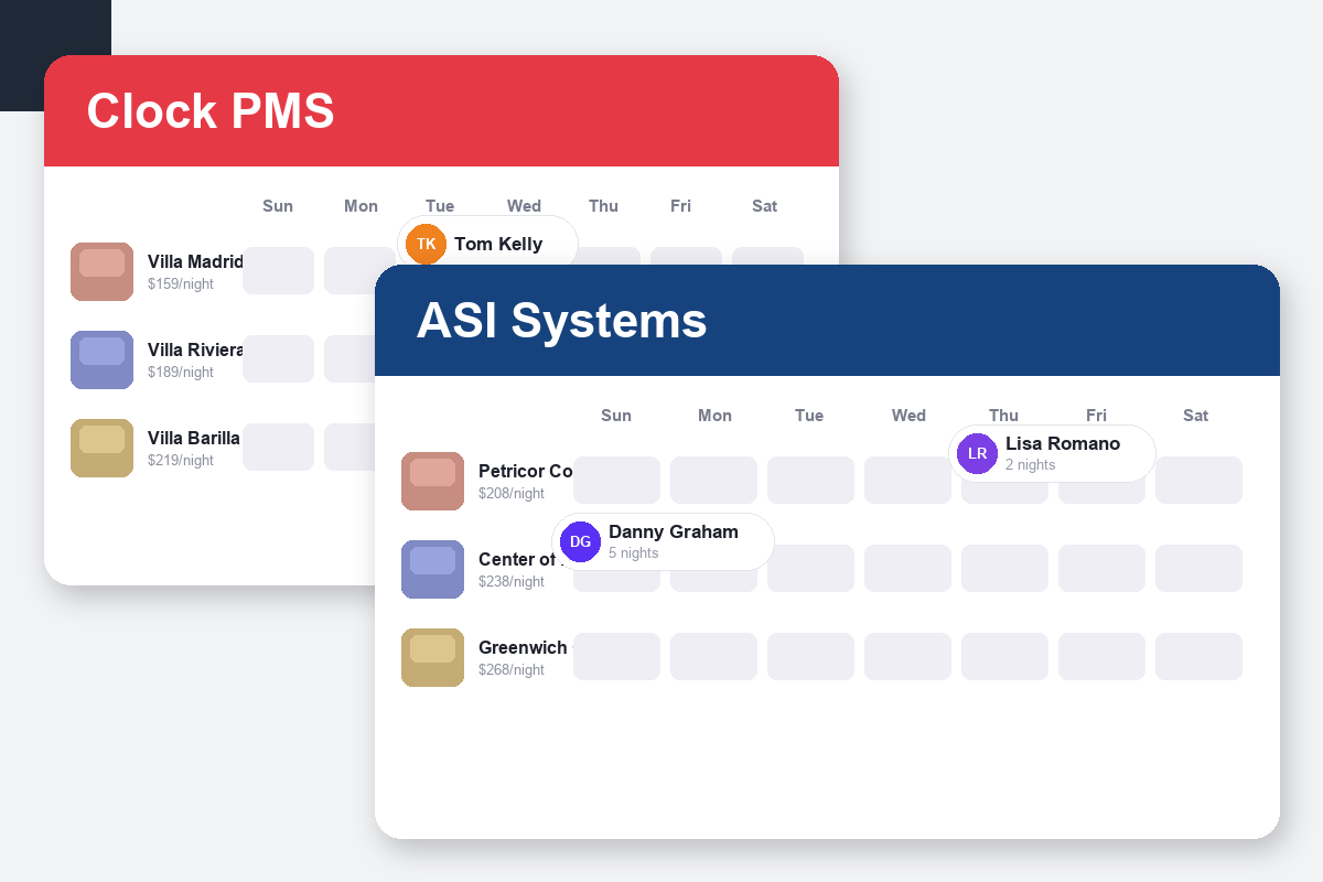 Clock PMS+ vs ASI Systems Comparison dashboard screenshots