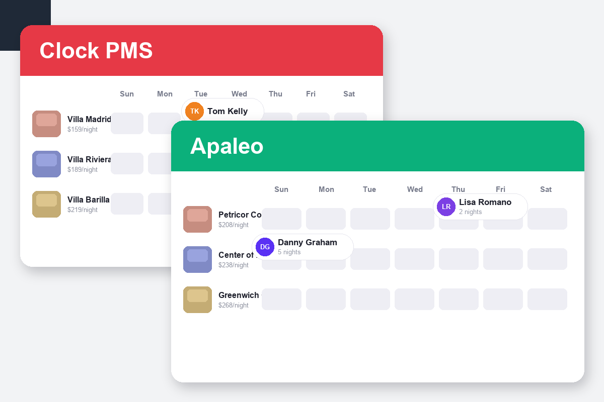 Clock PMS+ vs Apaleo Comparison dashboard screenshots