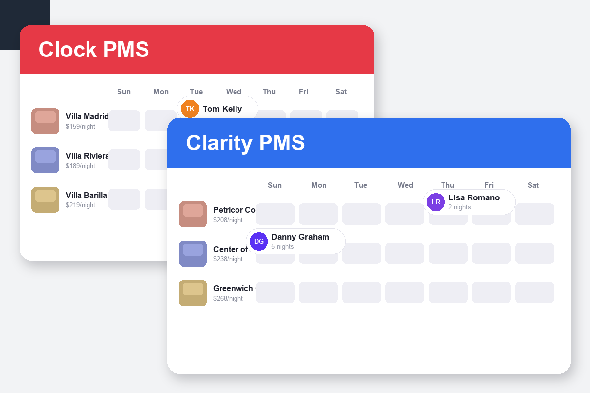 Clock PMS+ vs Clarity PMS Comparison dashboard screenshots