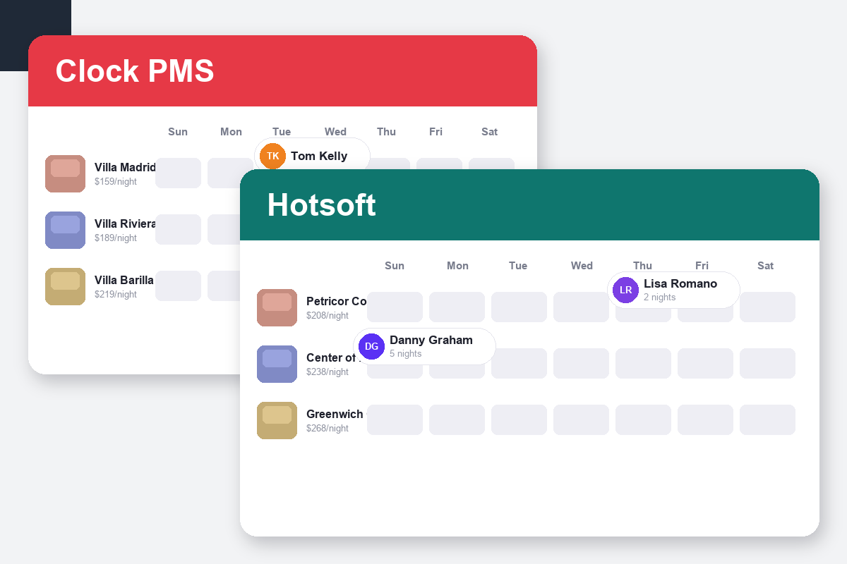 Clock PMS+ vs HotSoft Comparison dashboard screenshots