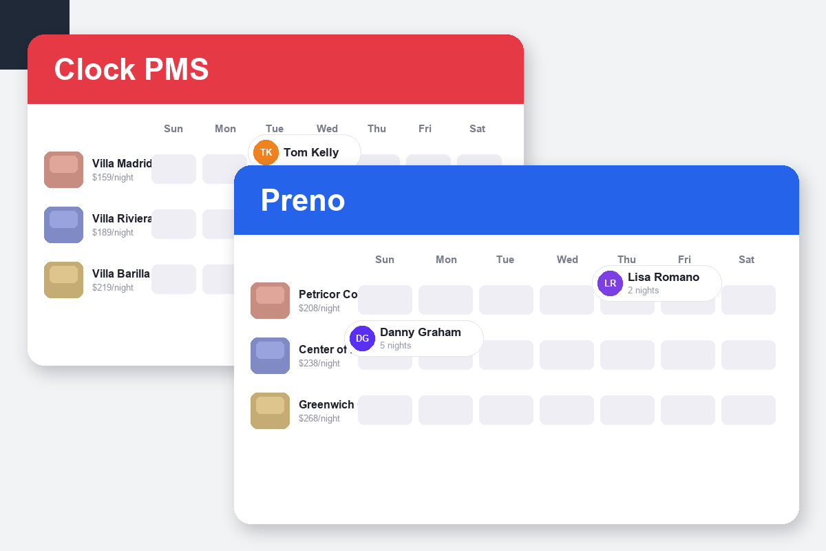 Clock PMS+ vs Preno Comparison dashboard screenshots