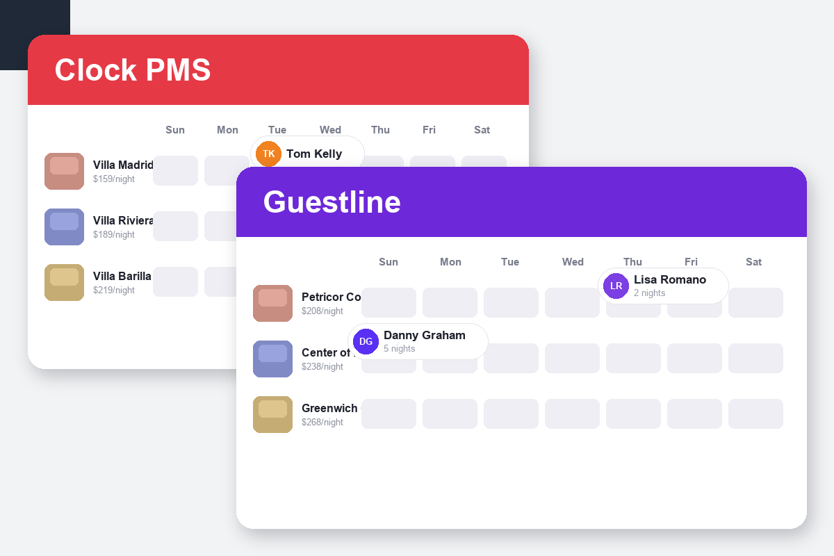 Clock PMS+ vs Guestline Comparison dashboard screenshots