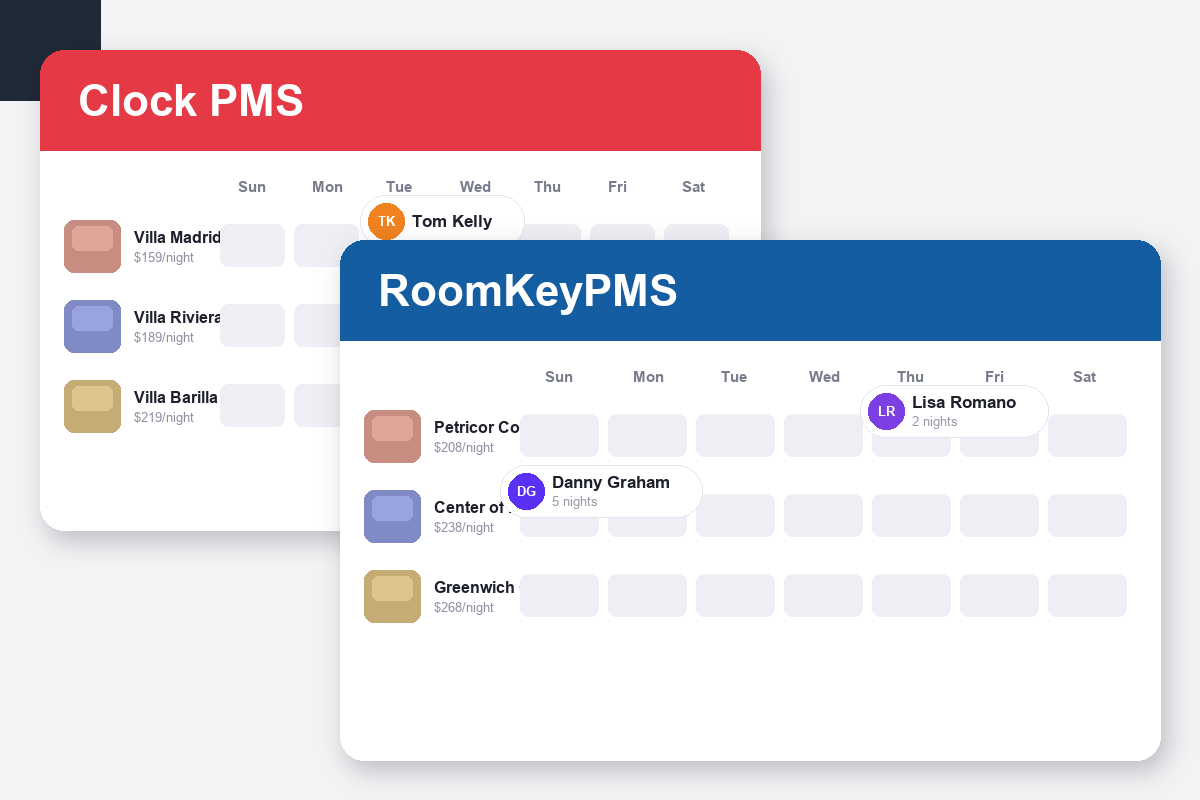Clock PMS+ vs RoomKeyPMS Comparison dashboard screenshots