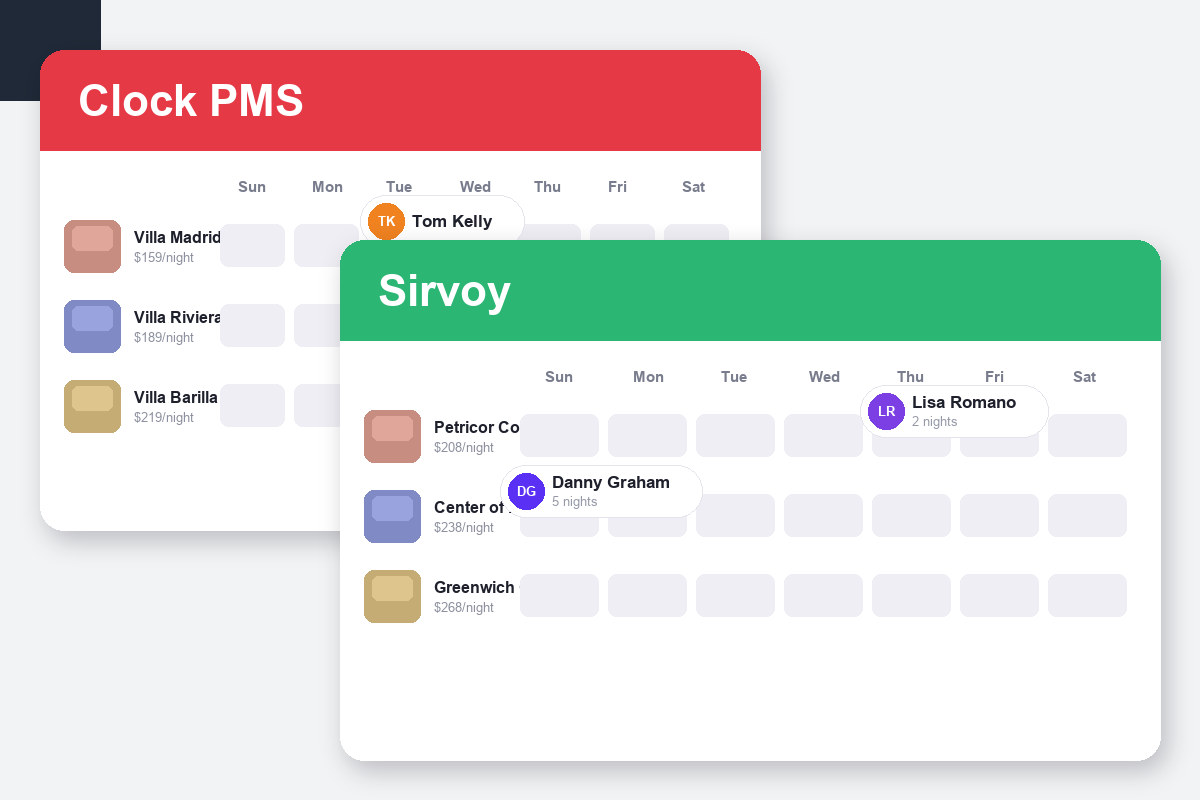 Clock PMS+ vs Sirvoy Comparison dashboard screenshots