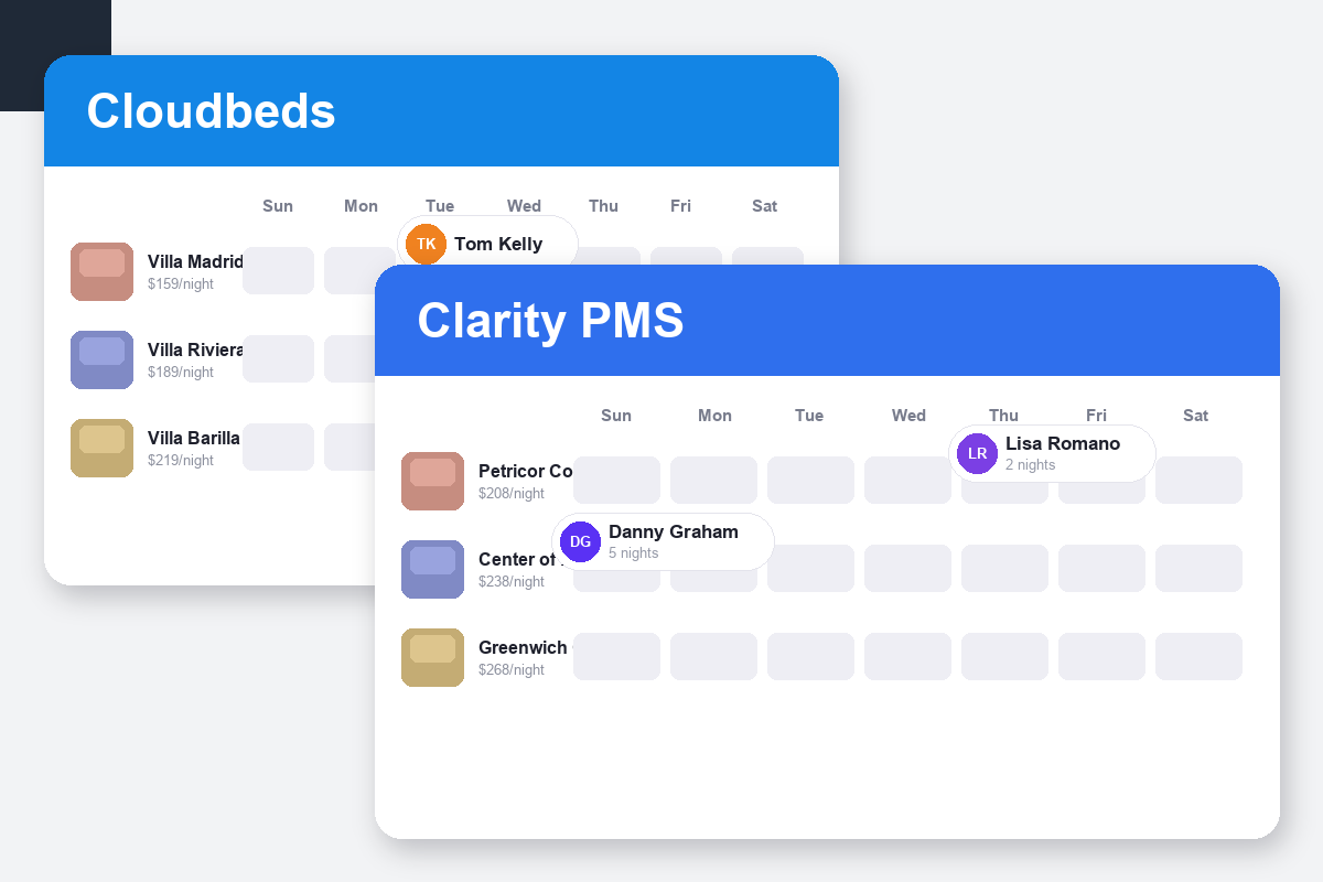 Cloudbeds vs Clarity PMS Comparison dashboard screenshots
