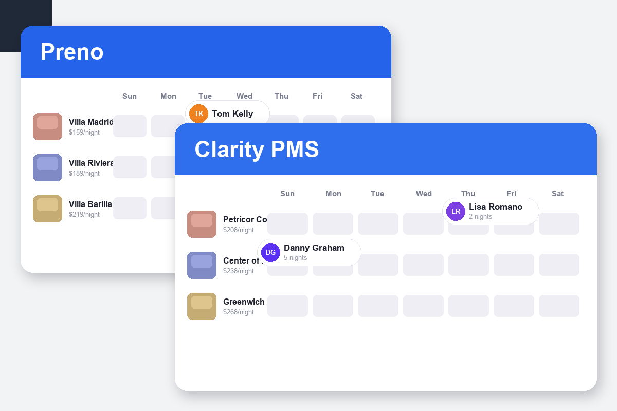 Preno vs Clarity PMS Comparison dashboard screenshots