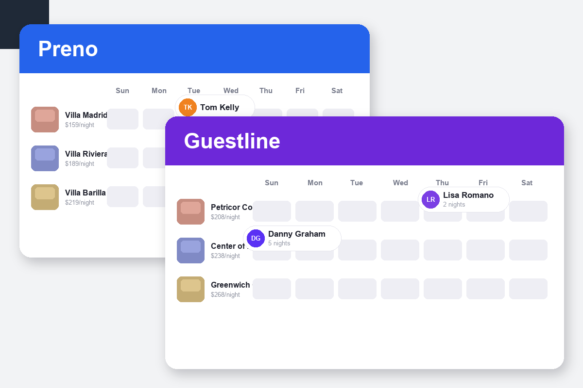 Preno vs Guestline Comparison dashboard screenshots