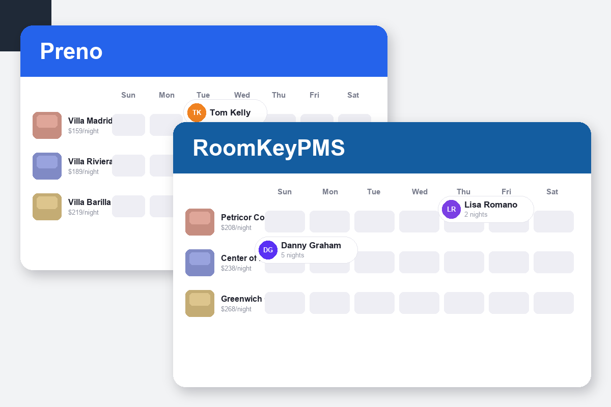 Preno vs RoomKeyPMS Comparison dashboard screenshots