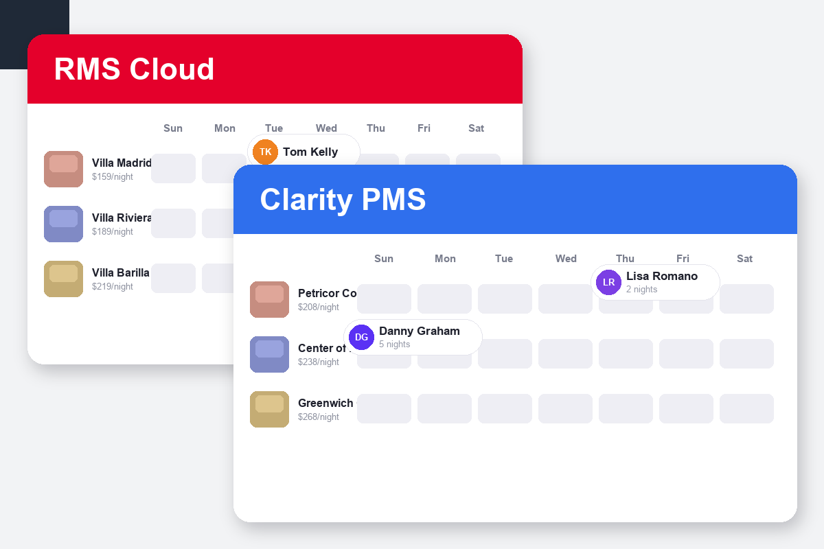 RMS Cloud vs Clarity PMS Comparison dashboard screenshots
