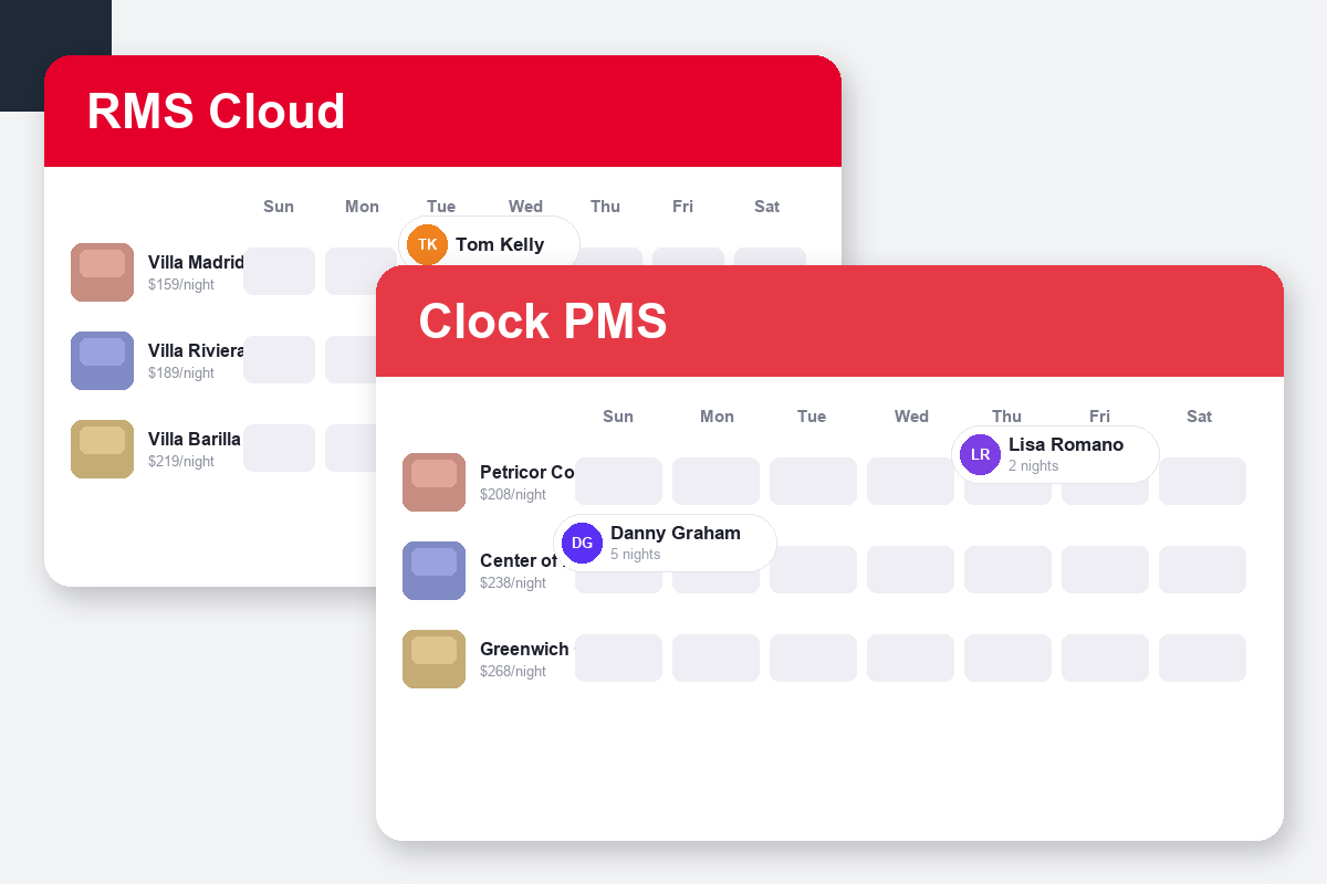 RMS Cloud vs Clock PMS+ Comparison dashboard screenshots