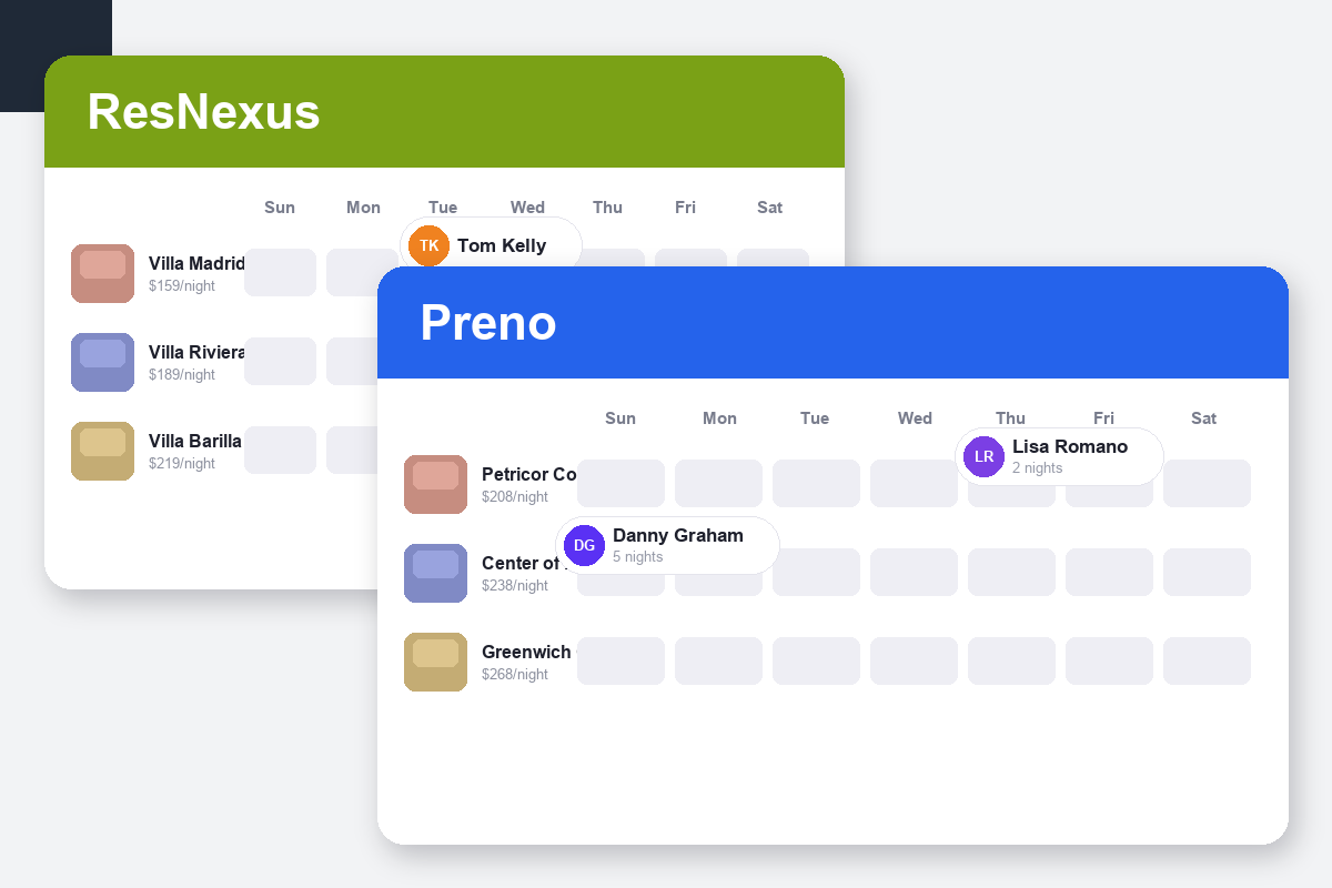 ResNexus vs Preno Comparison dashboard screenshots