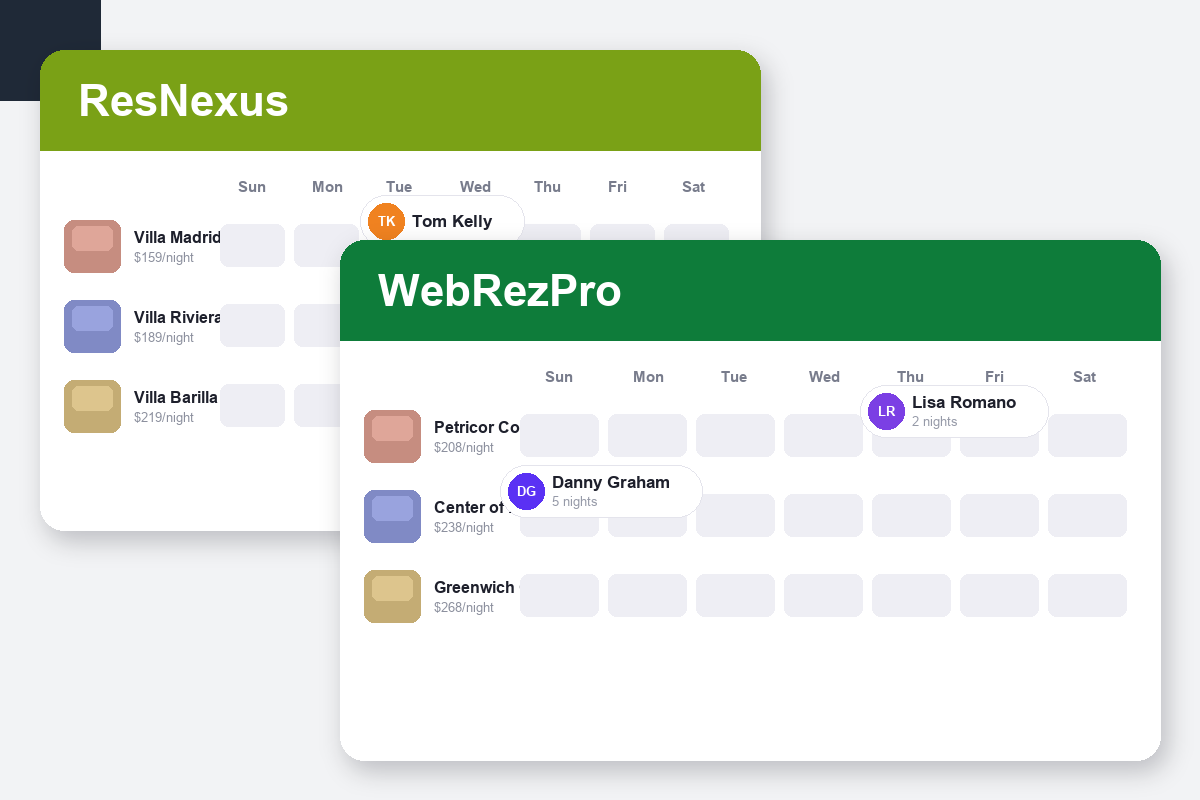 ResNexus vs WebRezPro Comparison dashboard screenshots