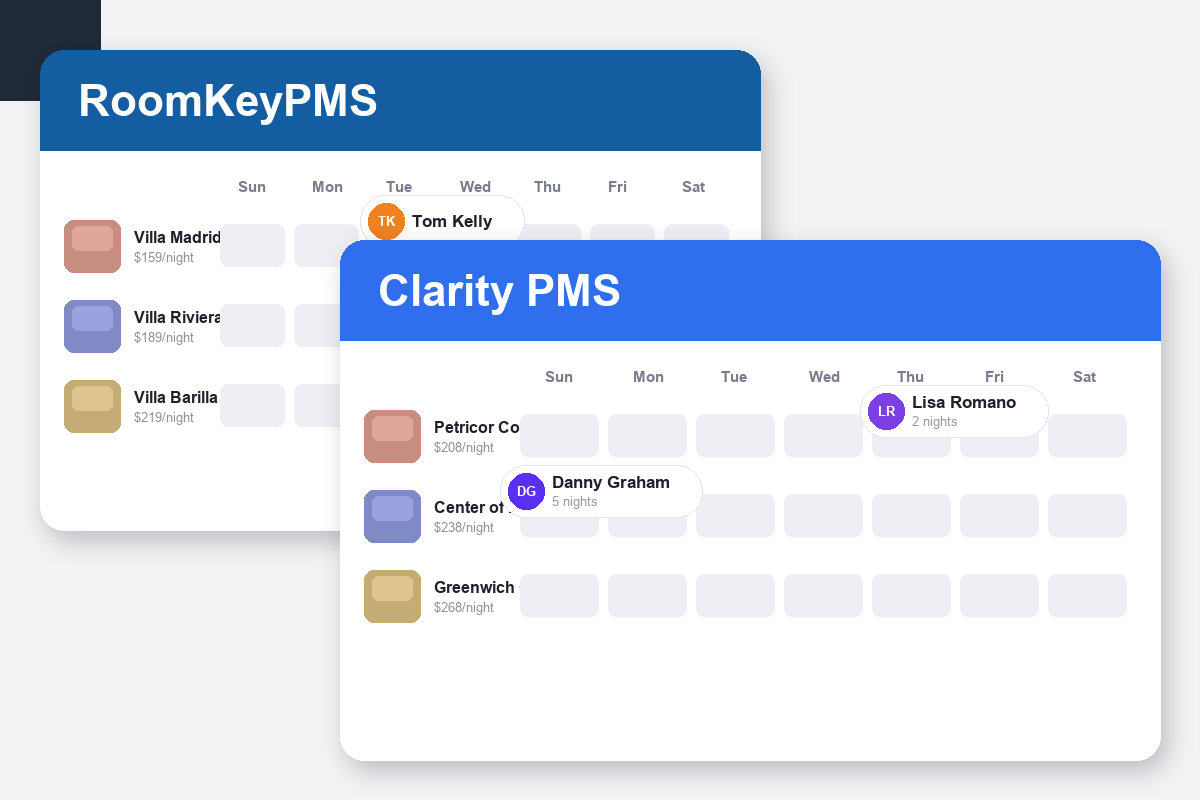 RoomKeyPMS vs Clarity PMS Comparison dashboard screenshots