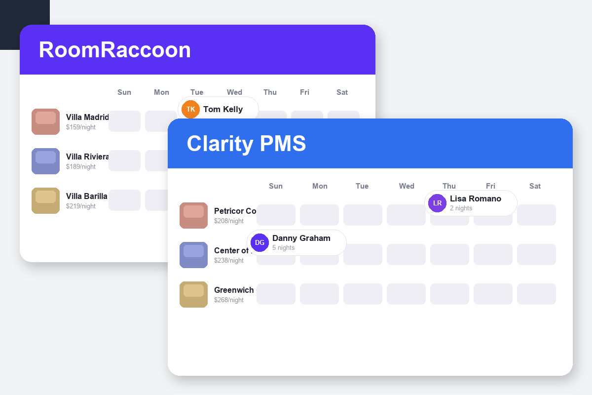 RoomRaccoon vs Clarity PMS Comparison dashboard screenshots