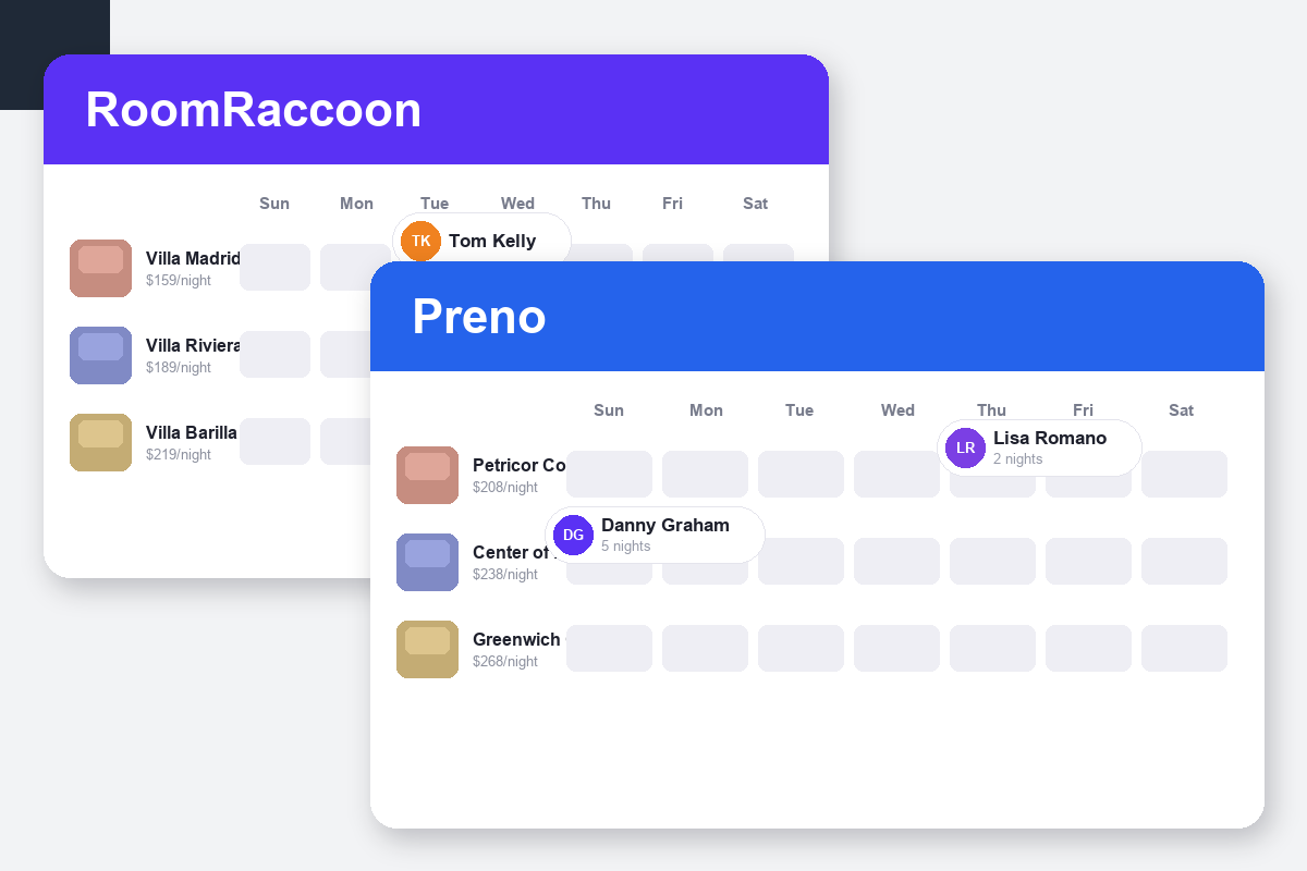 RoomRaccoon vs Preno Comparison dashboard screenshots