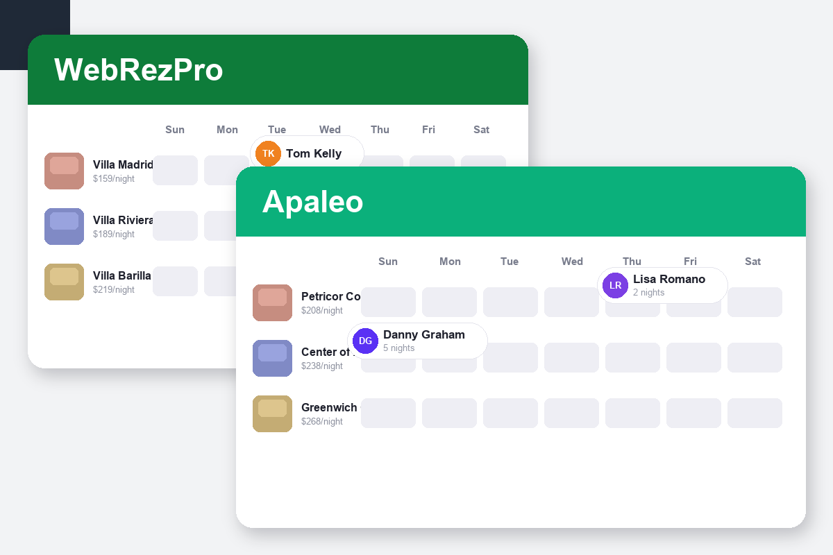 WebRezPro vs Apaleo Comparison dashboard screenshots