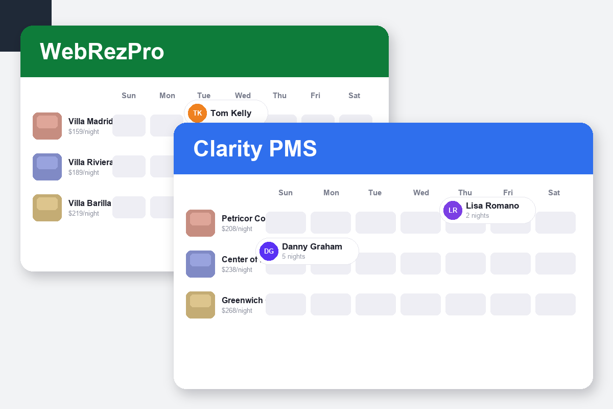 WebRezPro vs Clarity PMS Comparison dashboard screenshots