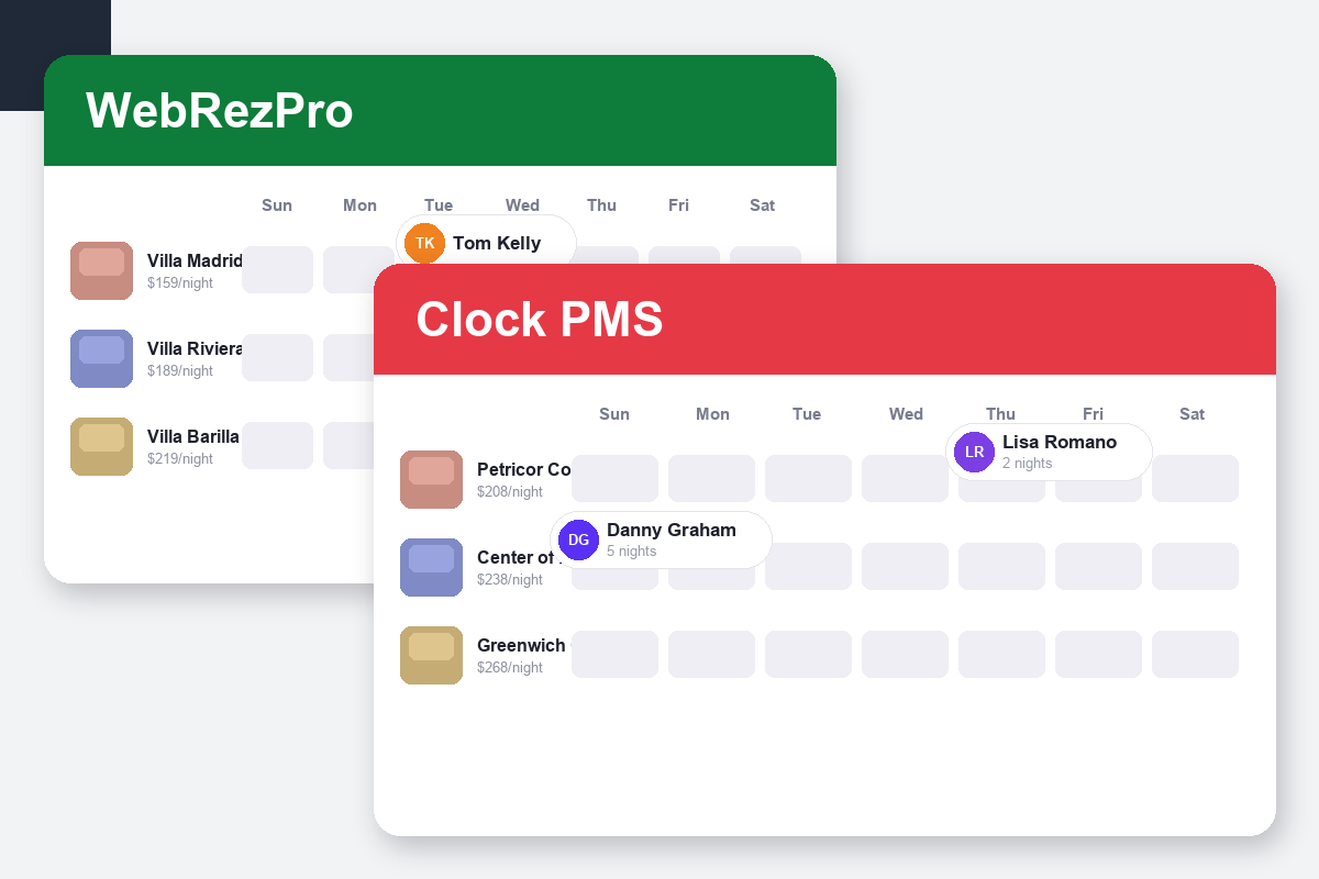 WebRezPro vs Clock PMS+ Comparison dashboard screenshots