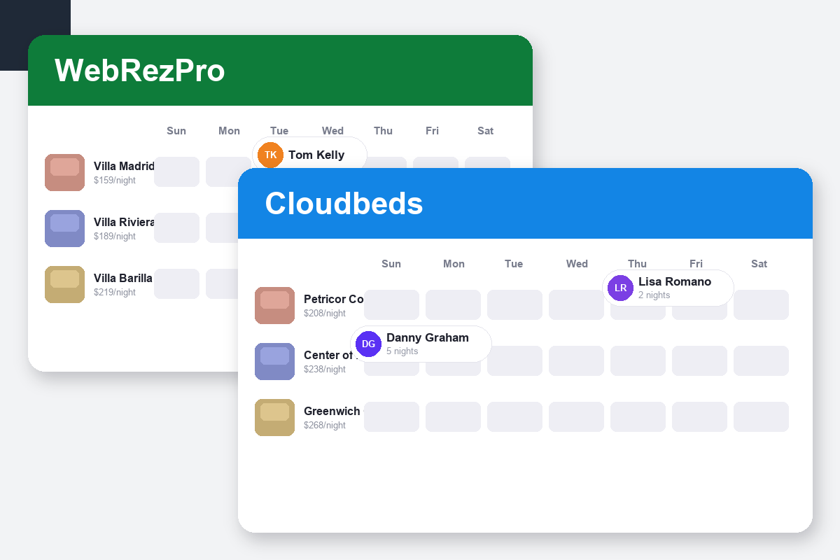 WebRezPro vs Cloudbeds Comparison dashboard screenshots