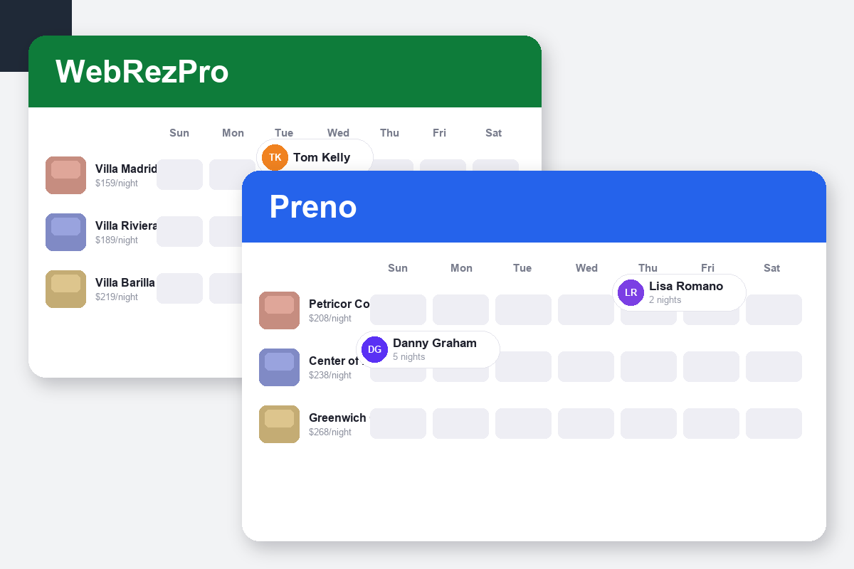 WebRezPro vs Preno Comparison dashboard screenshots